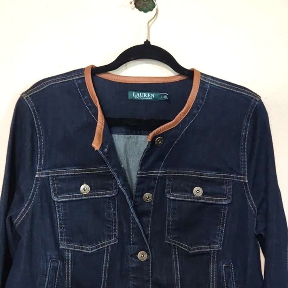 Ralph Lauren Dark Blue Denim Jacket Leather Trim Collar Large - Picture 4 of 13